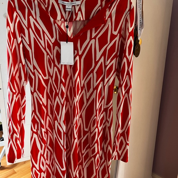 Diane Von Furstenberg Coral Red Ikat Print Silk Reina Long Sleeve Dress 8 - Picture 3 of 5